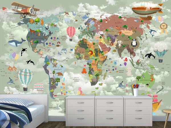 Decor for Kids room, Peel and Stick Oracal film with the pattern “Kids map of the world”