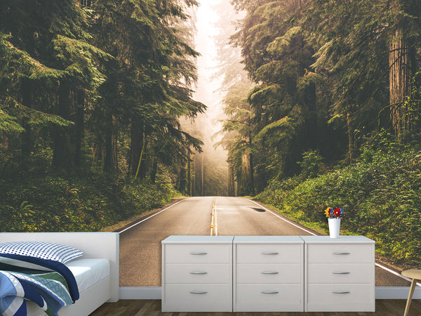 Vinyl Wallpaper Peel and Stick Produced In 3 Days Design For Office, Living Room "Road After Rain In A Foggy Forest"