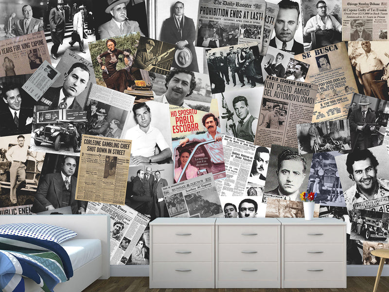 Traditional Mural Wallpaper for Gym, Office, or Lounge – "Gangster Poster Collage", Vintage Wallpaper Featuring Crime Bosses