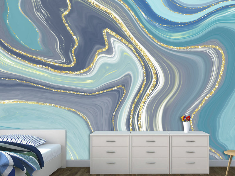 Abstract self-adhesive wallpapers for creating an art space, for office, living room "Gold and Blue Flow"