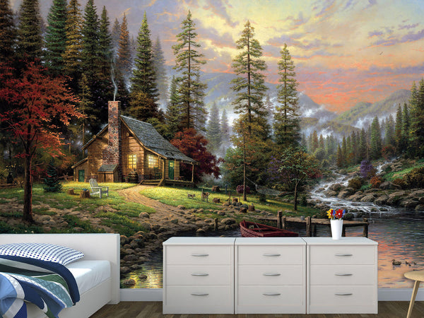 Peel and Stick Mural Scenic Photo Wallpaper – "Cabin In The Forest" Design For Cozy Home Decor