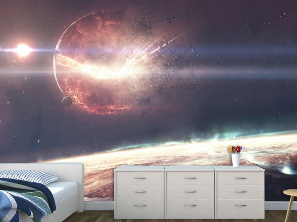 Peel and Stick Full Wall Mural Print Planet Breaking Into Fragments for Living Room or Bedroom