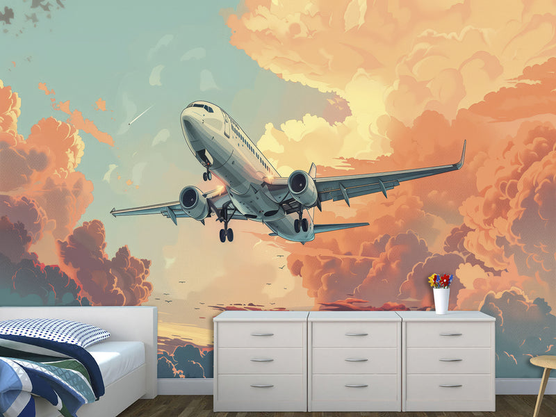 Vinyl Wallpaper Peel and Stick Comic Style Print Mural For Bedroom, Kids Room "Airplane Flying Through the Evening Sky"