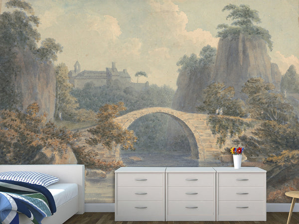 Peel and Stick Wall Mural – John Warwick Smith – River Landscape with a Single Arched Bridge – Full Wall Art for Home Interior