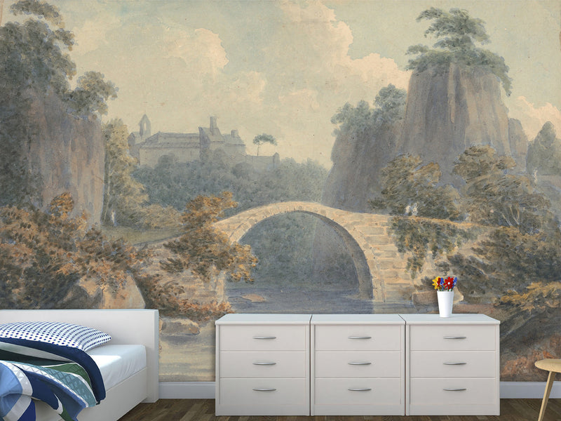 Peel and Stick Wall Mural – John Warwick Smith – River Landscape with a Single Arched Bridge – Full Wall Art for Home Interior