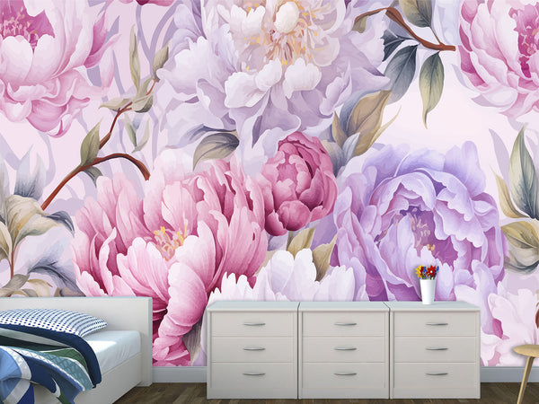 Floral Print Vinyl Wallpaper  Peel and Stick for Bedroom or Living Room – "Violet Peonies"