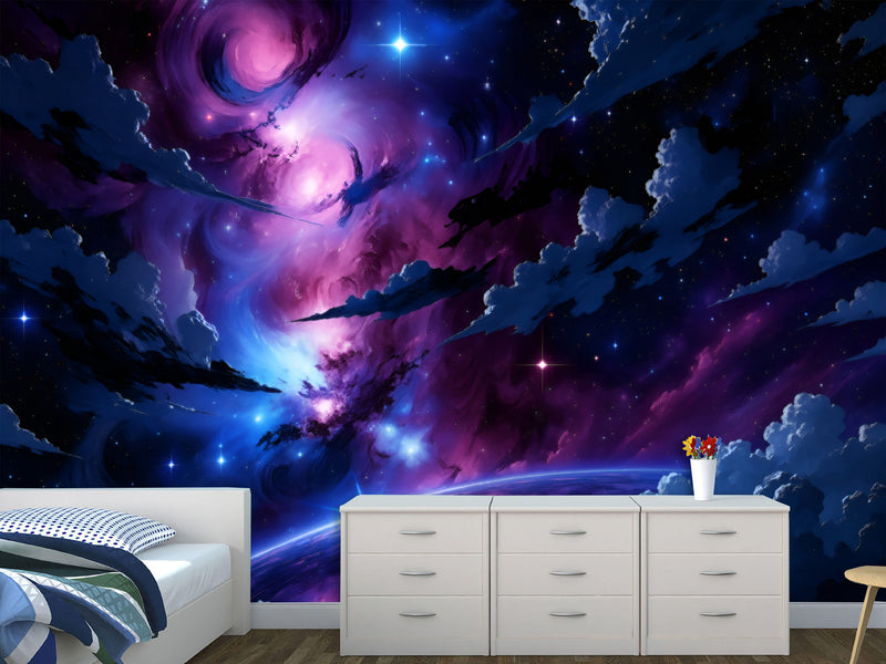 Self-Adhesive Wall Mural Interesting Universe Design For Living Room Bedroom "Cosmic Storm Of Light"✨