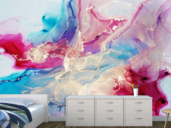 Peel and Stick Wallpaper On The Wall Modern Abstract Wall Art – Burgundy and Sky Blue Design For Bedroom Living Room