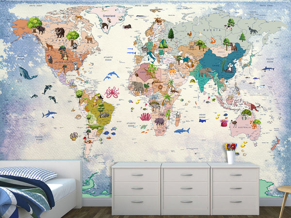 Decor for Kids room, Vinyl Wallpaper Peel and Stick with the pattern “Kids map of the world”
