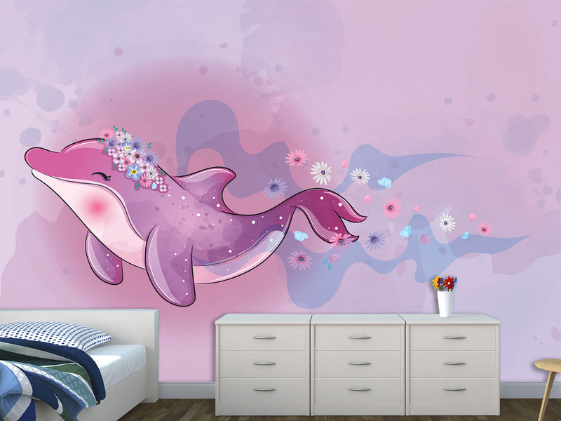 Peel and Stick Vinyl Wallpaper "Purple Dolphin For Kids" Mural Design For Playroom, Idea For A Magical Kids Room