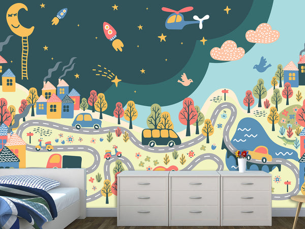 Self-Adhesive Wallpaper "Night Road" Art For Kids Room Full Wall Mural