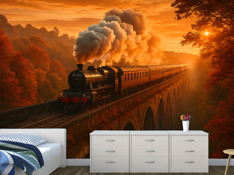 Print For Room Modern Design Self-Adhesive Wallpapers For Whole Wall Design For Bedroom Living Room "Train In Autumn Glow"