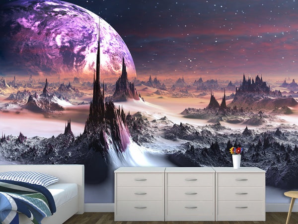 Peel and Stik Mural Wallpaper For Teen Room – "Uncharted Cosmic Planet" Bedroom Decor