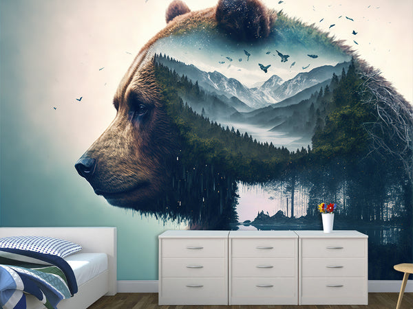 Peel and Stick for Office or Fitness Room Brown Bear in Mountain Forest
