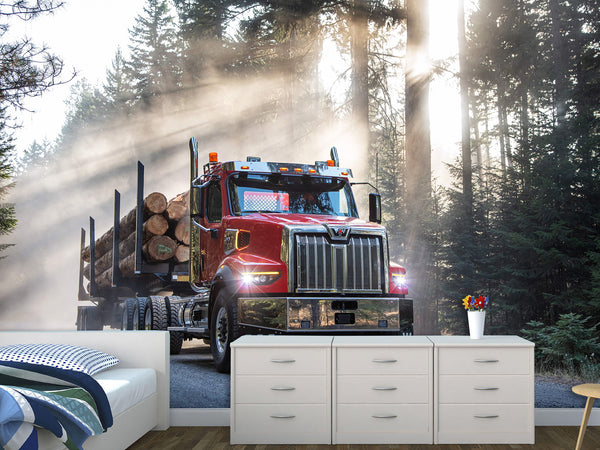 Self-Adhesive Vinyl Wall Mural – Massive Red Truck on the Road for Living Room, Gym, or Game Room Decor
