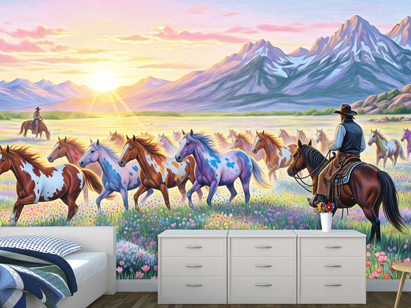 Wild West Art — Non-Woven Mural, Cowboys Watching a Herd of Horses, Wall Print for Office or Living Room