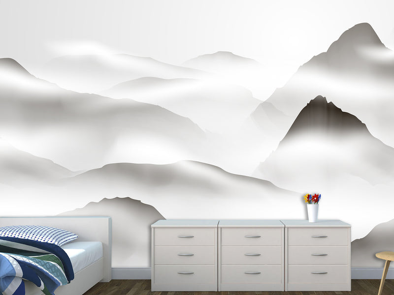 Natural Wall Mural, Calm Tones for Hall or Living Room, Non-Woven Full Wall Mural "Silhouettes of Mountains in Clouds" 🌄