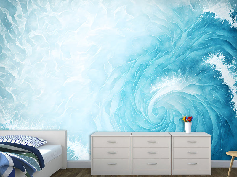 Abstract Self-Adhesive Wallpaper For Lounge Area, Relaxation, Bedroom 'Pastel Blue Wave Shape' Full-Wall 🌊