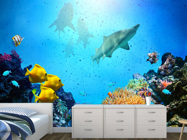 Self-Adhesive Photo Wallpaper With Marine Print “Fish And Sharks” For Lounge And Bedroom Desing