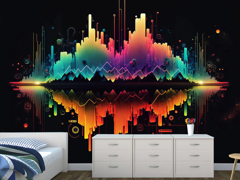 Non-Woven Wallpaper Art Design For Living Room, Bedroom, And Office Inspirational Print "Bright Sound Waves With Neon Gradient" 🎶