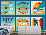 Non-Woven Photo Wallpaper Stylish Retro Car Collage for Office, Living Room, or Gym