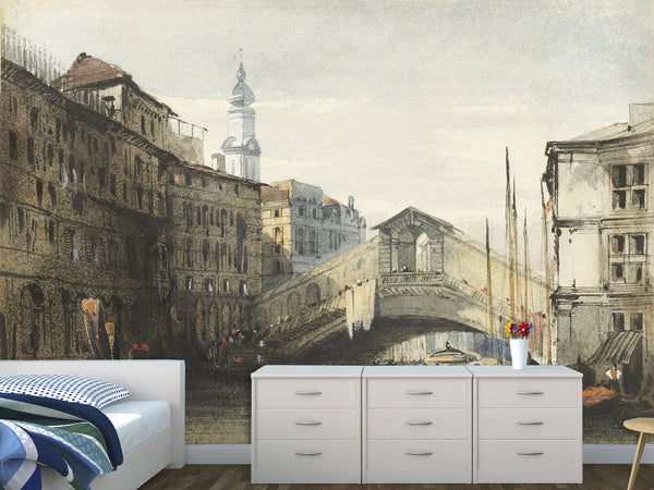 Peel and Stick Mural Vintage Style For Living Room or Bedroom - William Callow The Rialto Bridge Venice
