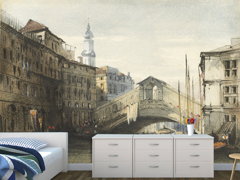 Peel and Stick Mural Vintage Style For Living Room or Bedroom - William Callow The Rialto Bridge Venice