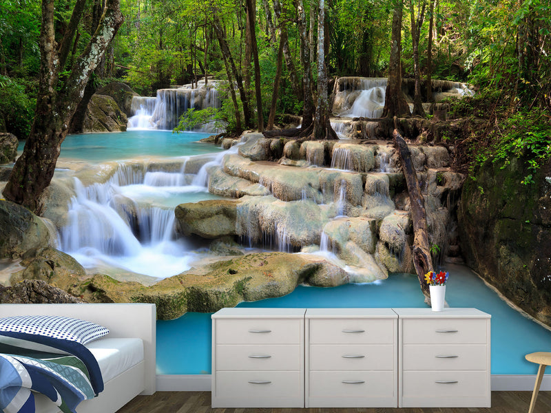 Natural Print Self-Adhesive Wall Murals – Full Wall Design for Hotel, Bedroom, Living Room "Forest Waterfall"