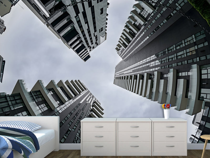 Urban Style Peel and Stick Full-Wall Wallpaper Looking Up at Skyscrapers Design for Living Room or Office