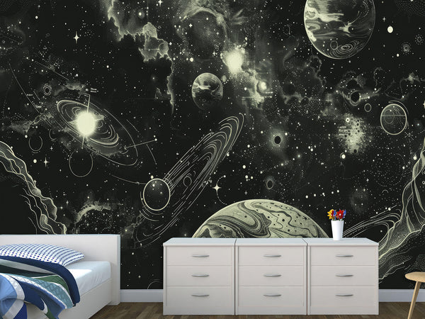 Vinyl Wallpaper Pell and  Stick Print For Living Room Or Bedroom, Full-Wall Design Mural “Cosmic Motion: Planets And Stars” — Perfect For An Accent Wall
