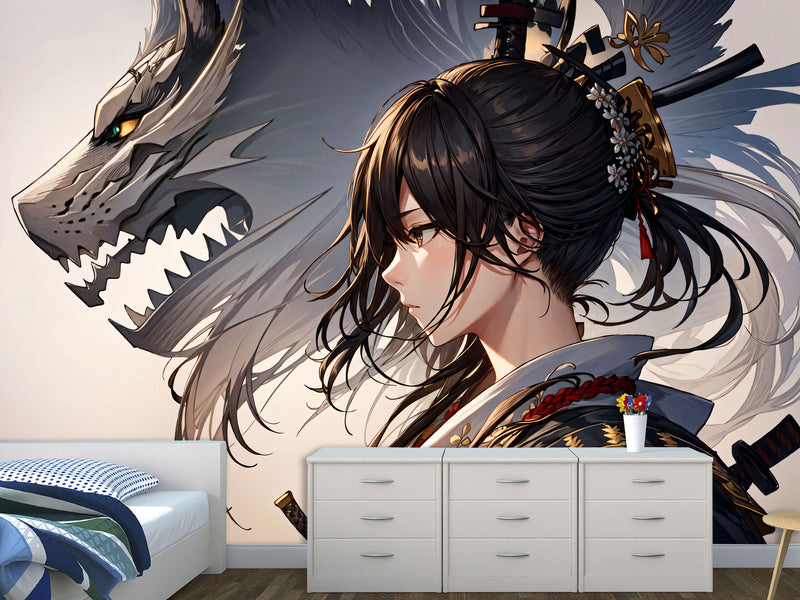 Traditional Anime-Style Wall Mural – "Samurai Girl" for Office or Living Room, Non-Woven Wallpaper