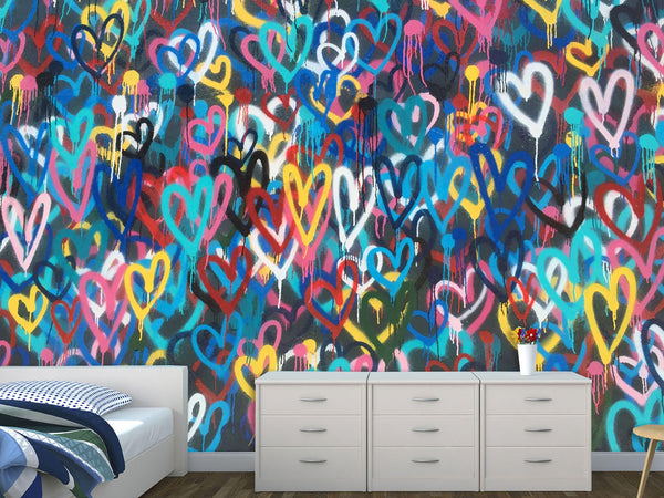 Non-Woven Wall Mural 3D Graffiti Wallpaper “Colorful Hearts” – For Accent Wall in Bedroom, Kitchen, or Living Room