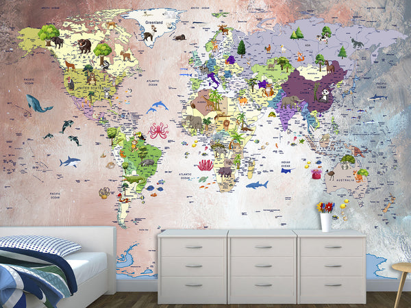 Art Design For Kids Room Self-Adhesive Wallpaper World Map Educational Kids Room Mural Playroom