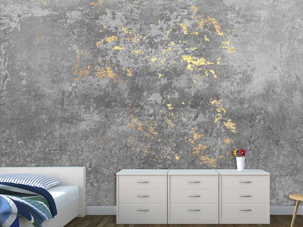 Traditional Full Wall Mural – Concrete and Gold Abstract Wall Design for Gym or Office
