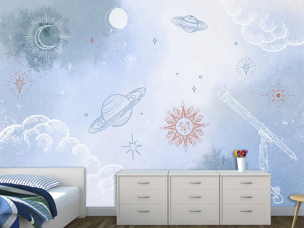 Self-Adhesive Wallpaper Made from Eco-Friendly Materials for Bedroom, Living Room, and Kids' Room “Planets, Moon, and Sun in the Clouds”
