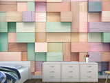 Calm Tone Wallpapers – Non-Woven Wall Murals, 3D Abstract Wallpaper "Colorful Wooden Cubes", Decor for Bedroom, Living Room, Kids' Room