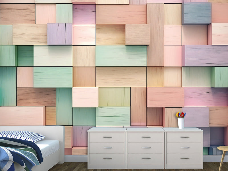 Calm Tone Wallpapers – Non-Woven Wall Murals, 3D Abstract Wallpaper "Colorful Wooden Cubes", Decor for Bedroom, Living Room, Kids' Room