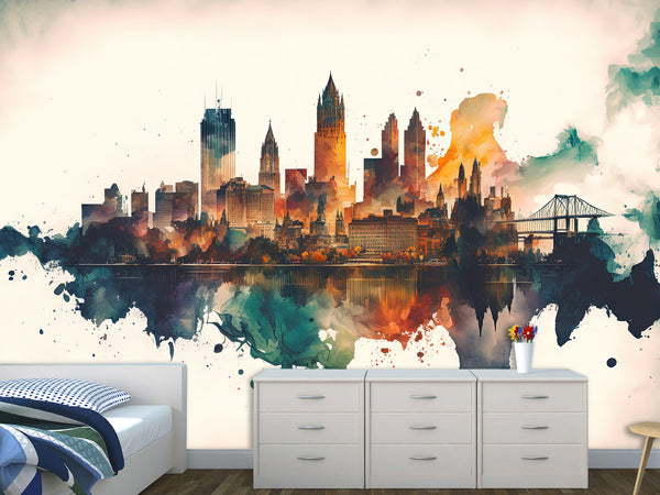 Full-Wall Mural Vinyl Wallpaper Peel and Stick Design For Workshop, Office, Or Hall “City In Watercolor”