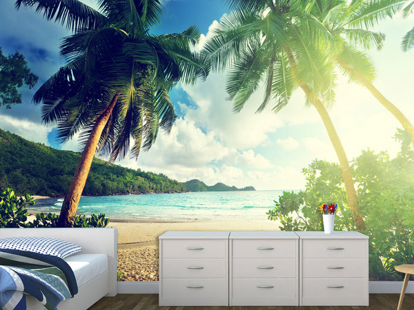 Peel and Stick Mural Wall Art for Bedroom or Office Decor – Tropical Beach View Print