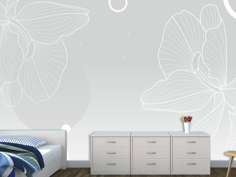 Modern Minimalist Style Non-Woven Wallpaper – "Flower Outline on Gray Background", Perfect for Bedroom or Living Room Desing