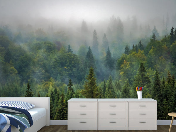 Peel and Stick 3d photo wallpaper Misty Forest Wallpaper – Foggy Woods Wall Mural for Nature-Inspired Interior Decor