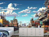 Modern Self-Adhesive Wallpaper – "Anime-Style City" Art Design for Bedroom or Living Room