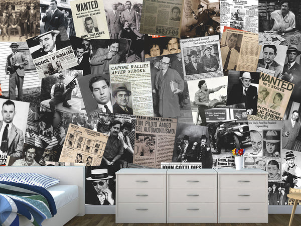 Peel and Stick Mural for Gym, Living Room, Workshop – "Gangsters and Mafia" Vintage-style Wallpaper Featuring Images of Crime Bosses
