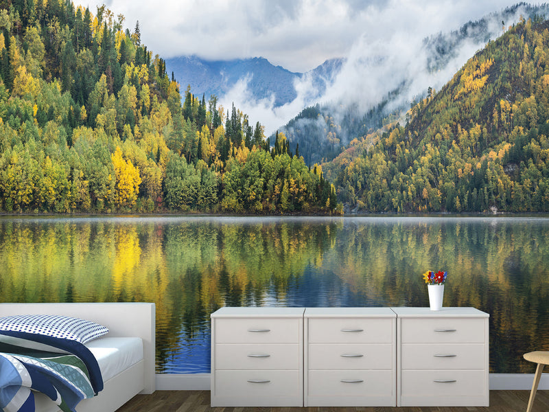 Stylish Modern Non-Woven Wallpaper 'Mountain Lake Serenity' – Wall Mural for Bedroom or Living Room