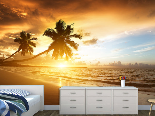 Vinyl Wallpaper Peel & Stick for Living Room or Bedroom – "Sunset on the Beach" Accent Wall Mural