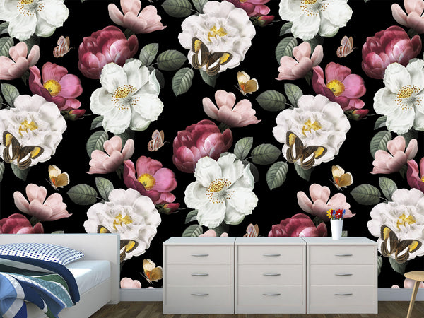Floral Print Traditional Photo Wallpaper. Accent Wall for Living Room or Lounge – "Flight of Butterflies over Flowers"