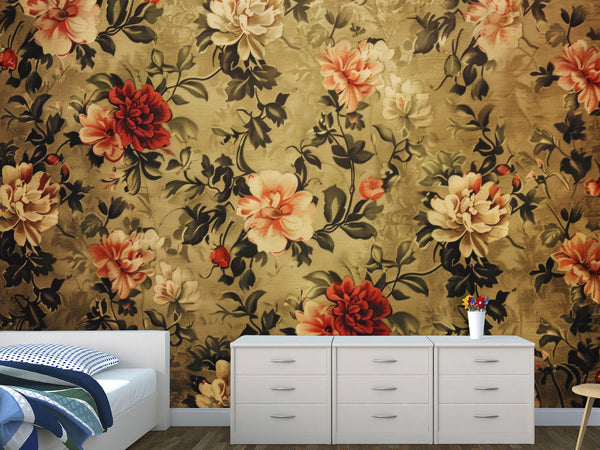 Floral Print Self-Adhesive Mural for Bedroom Decor, Living Room, or Kitchen – "Vintage Style Flower Composition