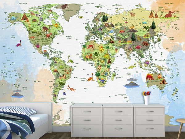 Non-Woven Mural World Map Print With Animals – For Kids Room Or Playroom