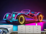 Self-Adhesive Wall Mural for Home Interior Peel and Stick Wallpaper Retro Car in Neon Lights Prant for Bedroom or Gym