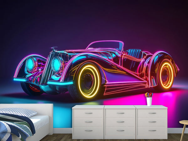 Self-Adhesive Wall Mural for Home Interior Peel and Stick Wallpaper Retro Car in Neon Lights Prant for Bedroom or Gym
